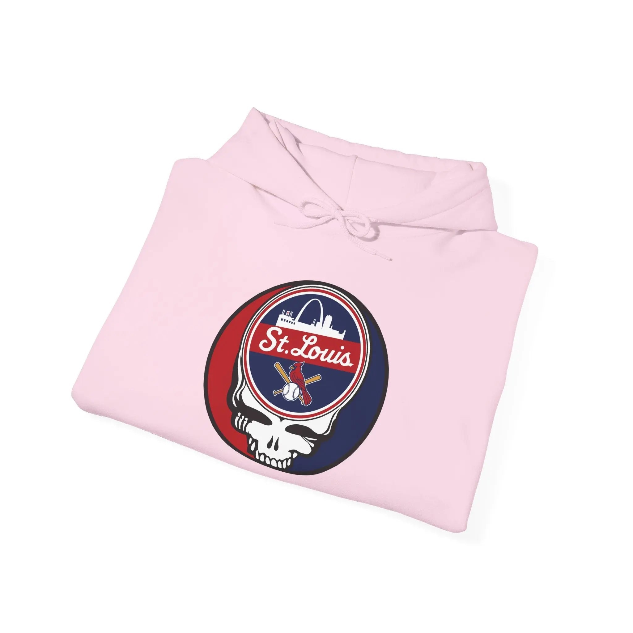 Light pink hoodie folded with hood and front pocket; circular sports team logo on chest