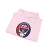 Light pink hoodie folded with hood and front pocket; circular sports team logo on chest