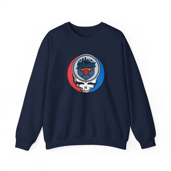 Navy crewneck sweatshirt with round Miami Marlins skull team logo