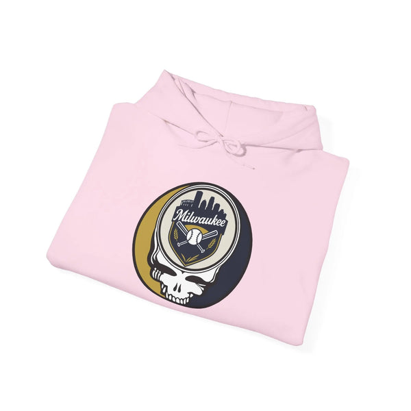 Light pink hoodie with front hood and drawstring, featuring Milwaukee logo graphic.