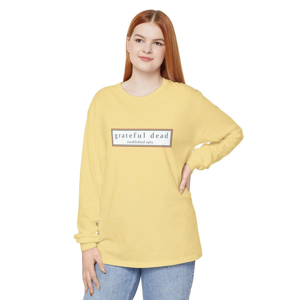 Butter yellow long-sleeve T-shirt with front “grateful dead established 1965” logo