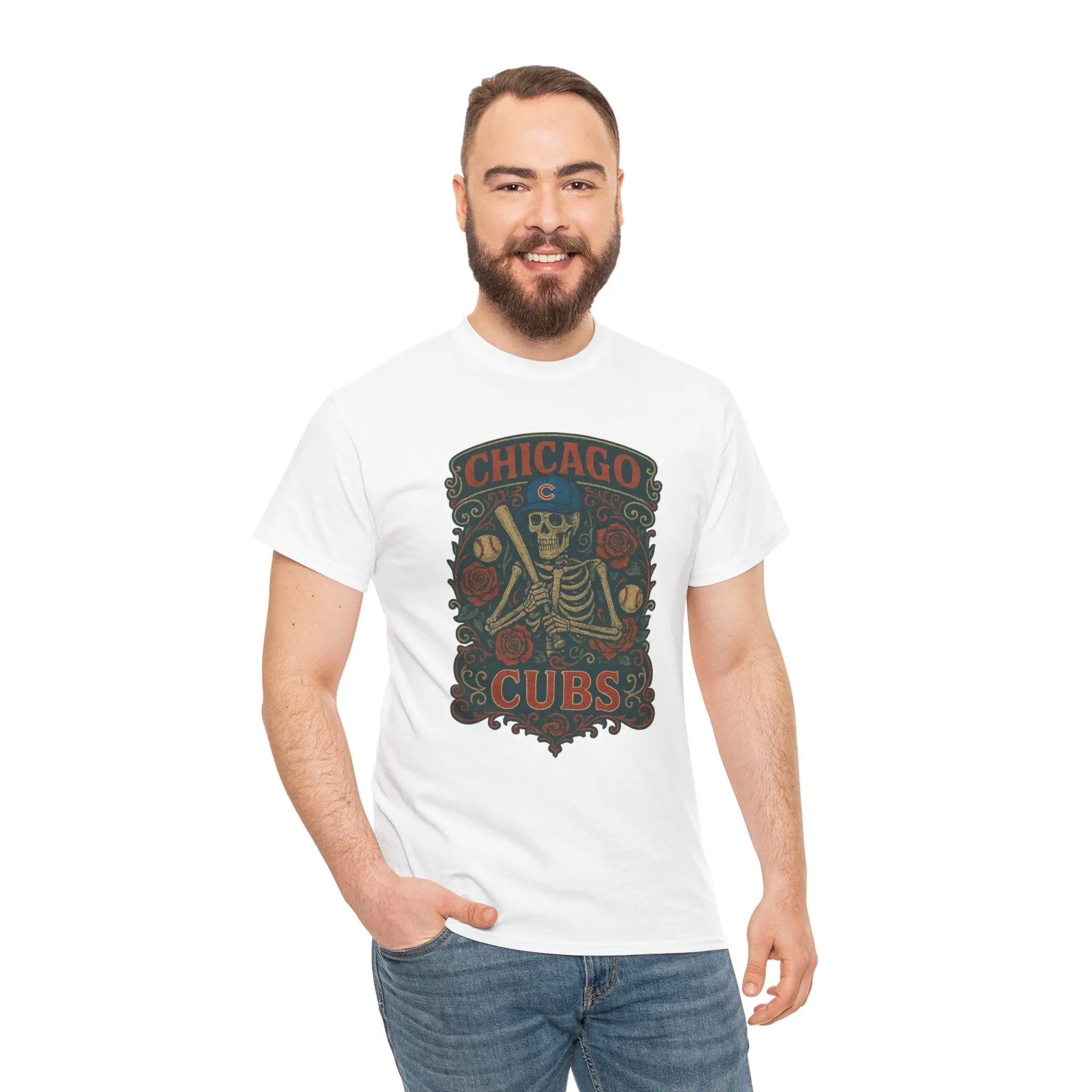 White crewneck T-shirt with Chicago Cubs crest skeleton graphic, full front view