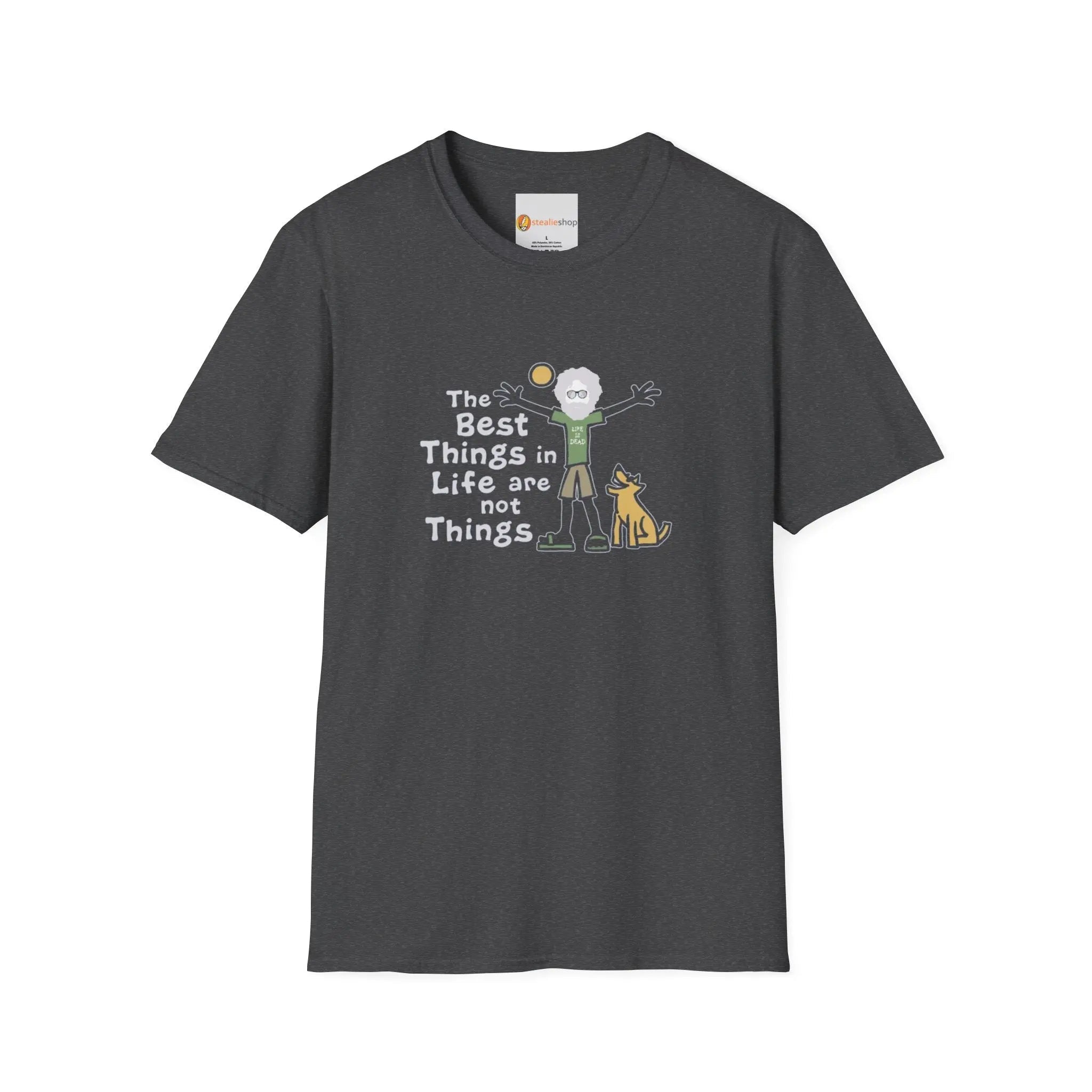 Dark heather graphic T-shirt with crew neck and short sleeves, front slogan and animal art