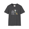 Dark heather graphic T-shirt with crew neck and short sleeves, front slogan and animal art