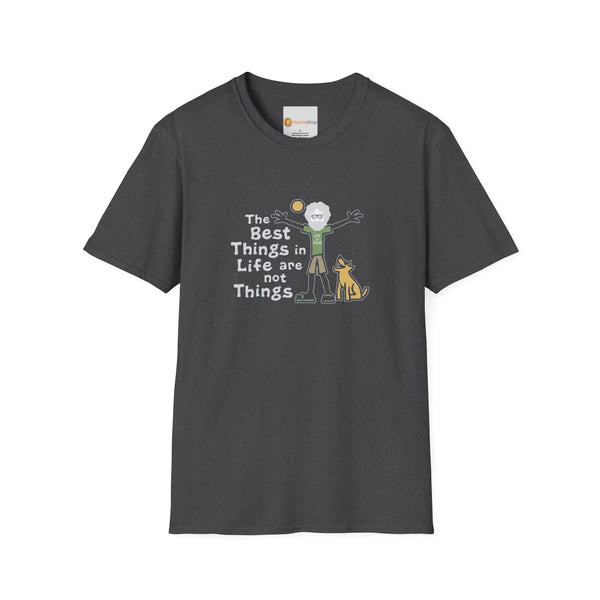 Dark heather graphic T-shirt with crew neck and short sleeves, front slogan and animal art