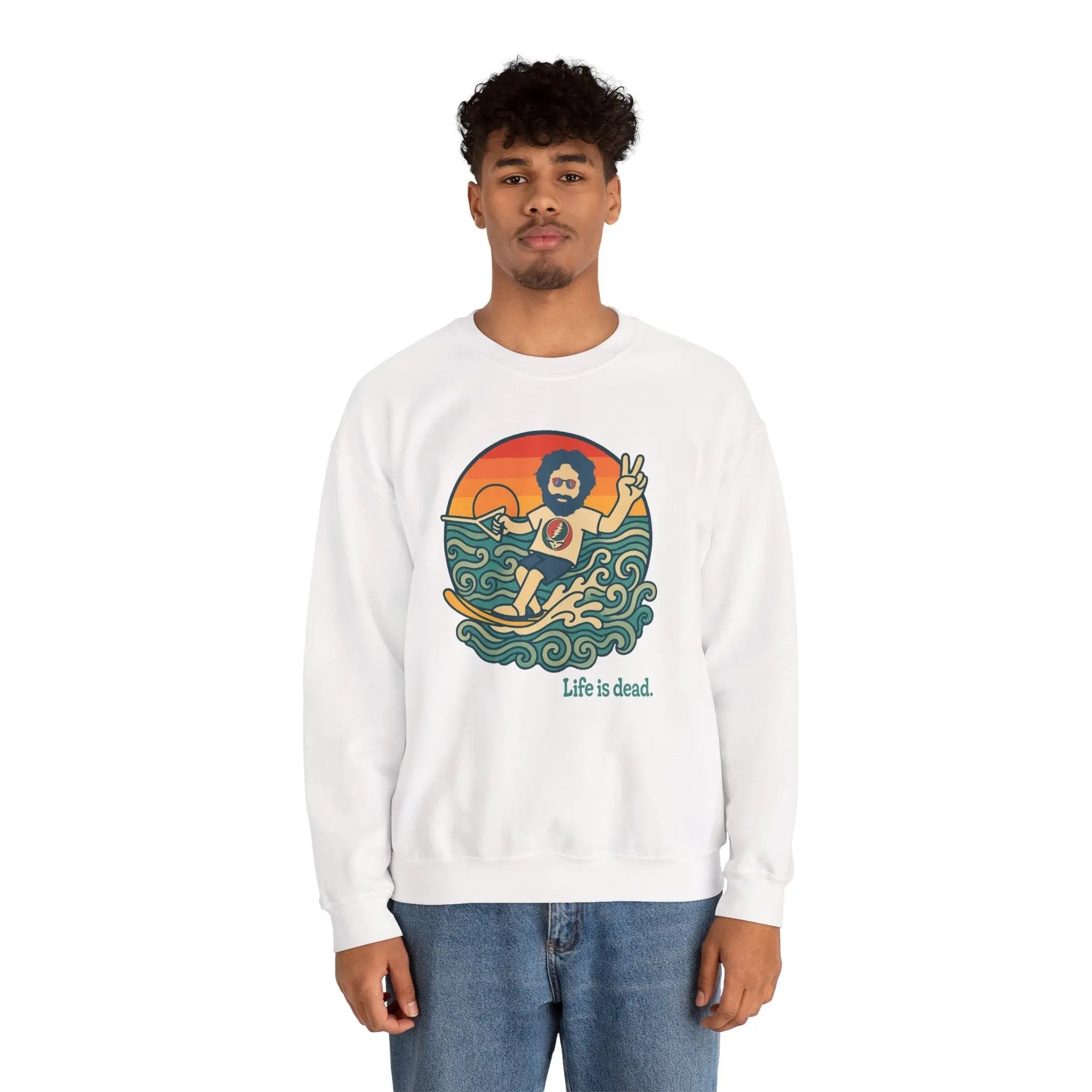 White crewneck sweatshirt with colorful sea and figure graphic