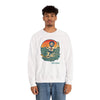White crewneck sweatshirt with colorful sea and figure graphic