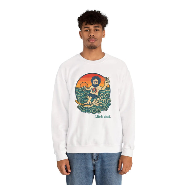 White crewneck sweatshirt with colorful sea and figure graphic