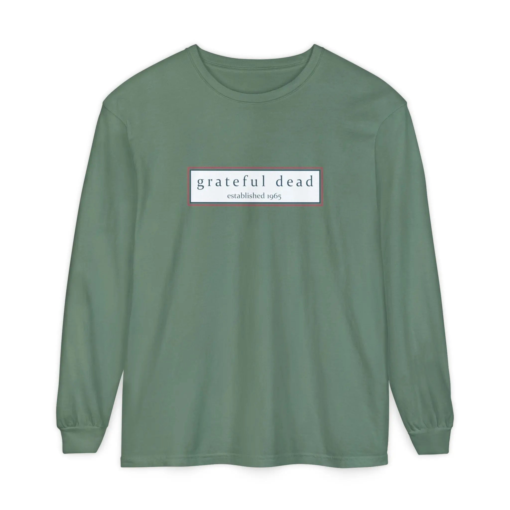 Green long-sleeve T-shirt flat front with “grateful dead established 1965” logo