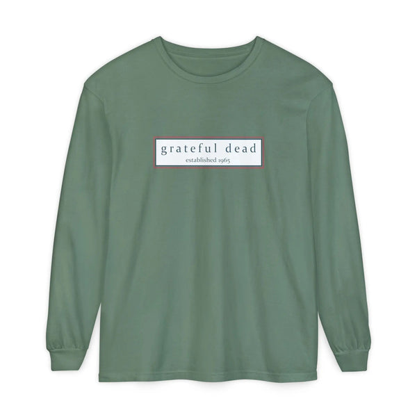 Green long-sleeve T-shirt flat front with “grateful dead established 1965” logo