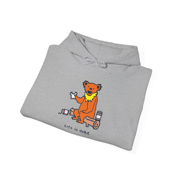 Heather gray bear hoodie with orange bear graphic on chest
