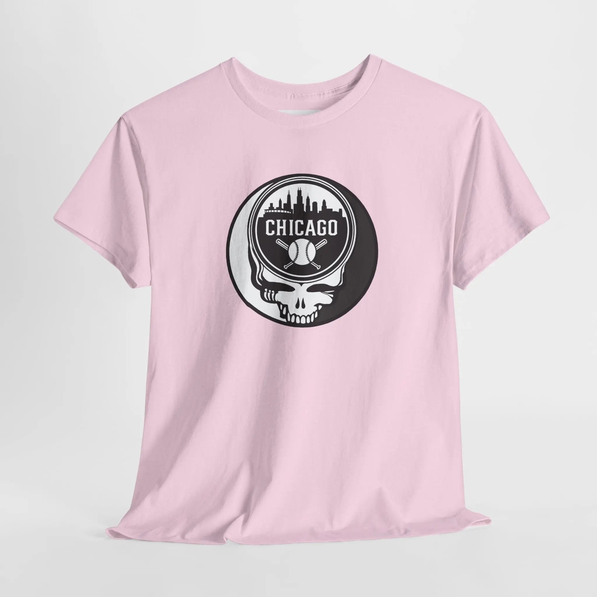 Light pink t-shirt with Chicago circular Stealie skull graphic at center