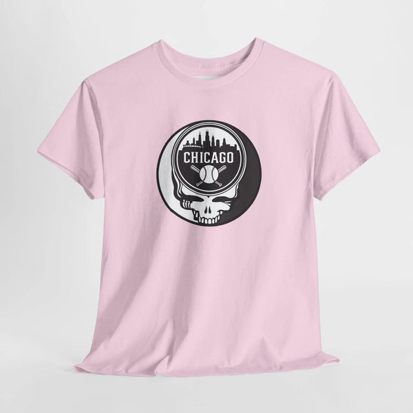 Light pink t-shirt with Chicago circular Stealie skull graphic at center