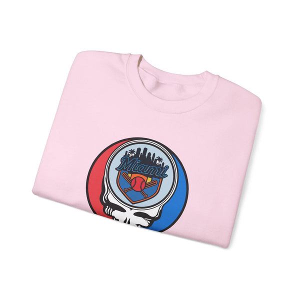 Light pink crewneck sweatshirt with Miami Marlins skull logo graphic