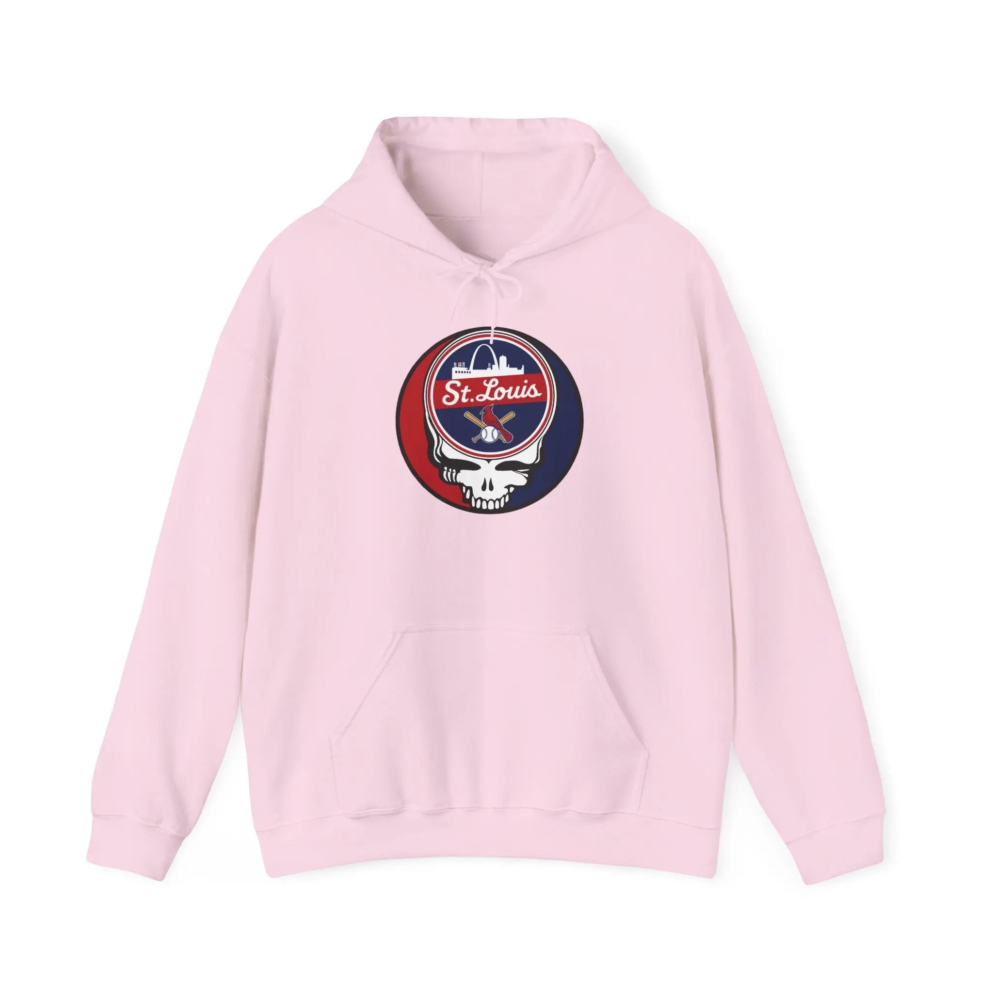Light pink hoodie with hood and front pocket, featuring a circular sports team logo on chest