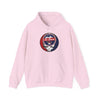Light pink hoodie with hood and front pocket, featuring a circular sports team logo on chest