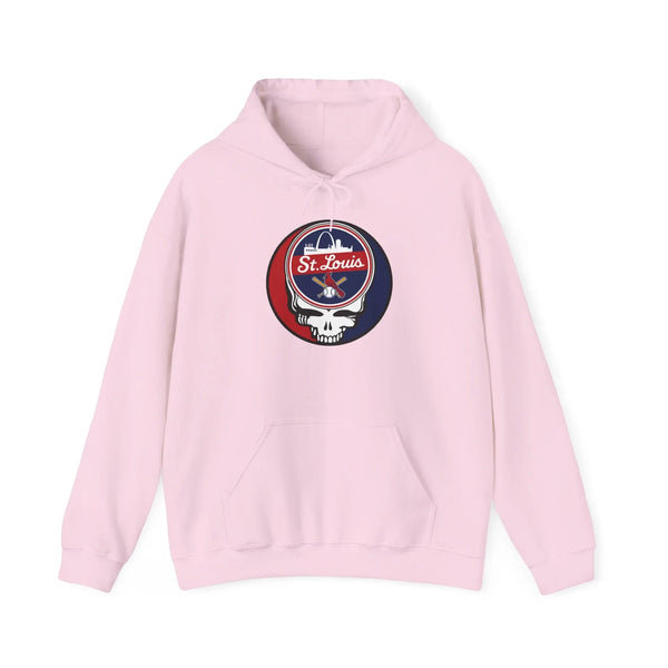 Light pink hoodie with hood and front pocket, featuring a circular sports team logo on chest