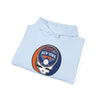 Light blue hoodie with adjustable hood, front pouch pocket, New York Mets logo patch