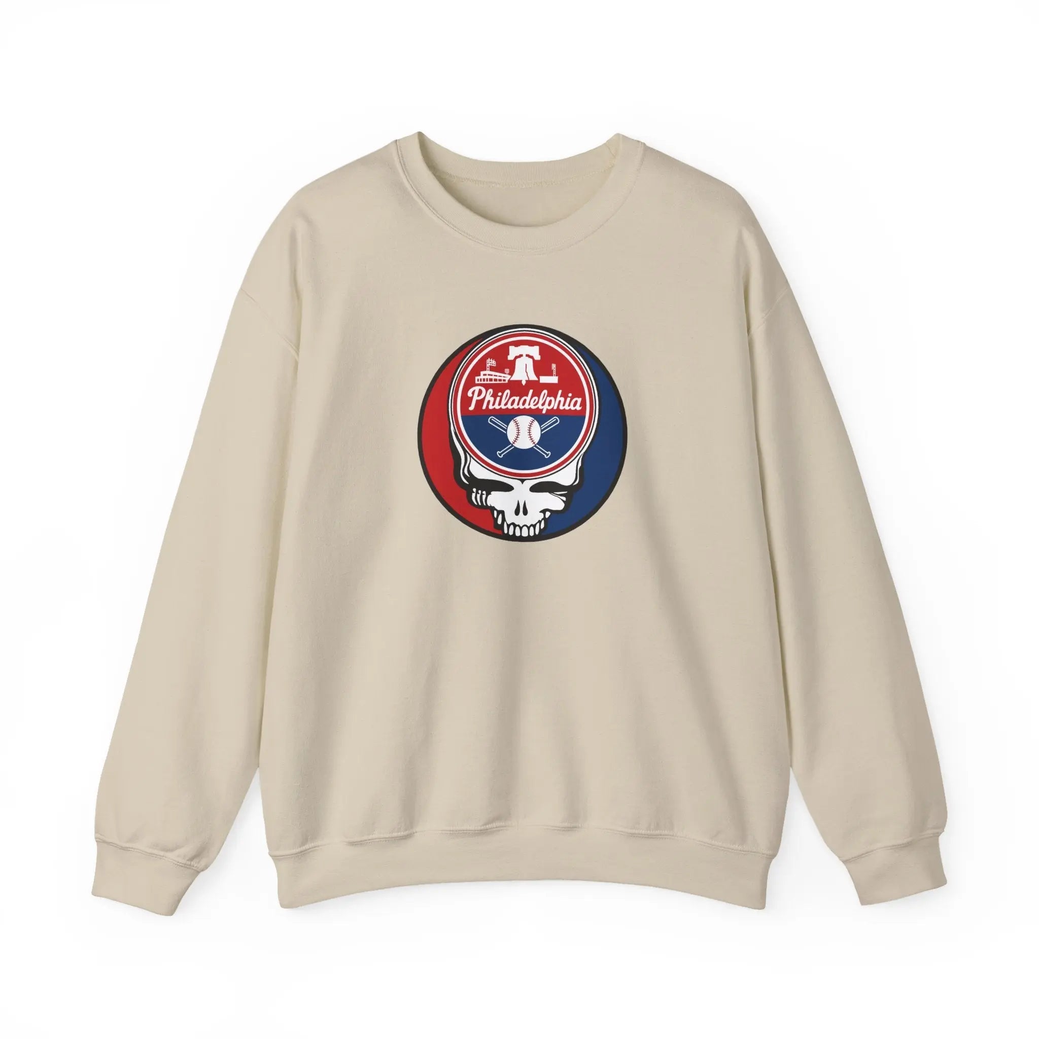 Sand/beige crewneck sweatshirt with front circular Stealie skull emblem