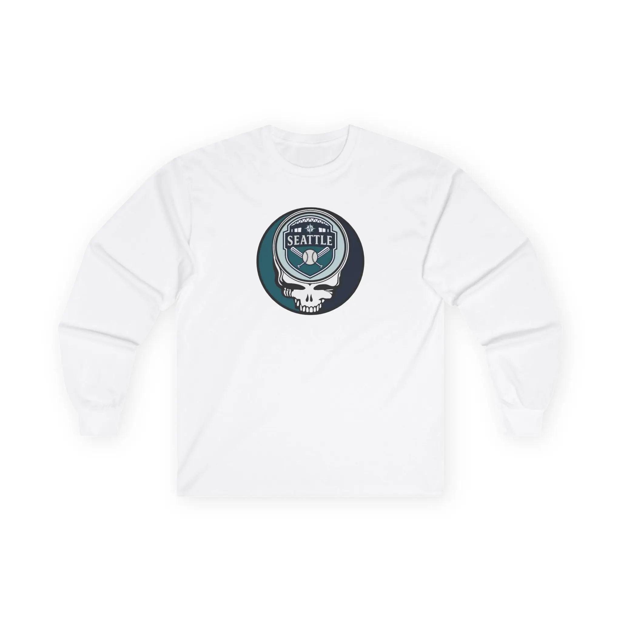 White crewneck long-sleeve T-shirt with circular Seattle Stealie skull logo