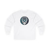 White crewneck long-sleeve T-shirt with circular Seattle Stealie skull logo