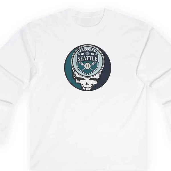 White long-sleeve T-shirt with circular Seattle Stealie skull logo on chest