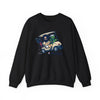 Black crewneck sweatshirt flat lay with cartoon car-and-characters graphic