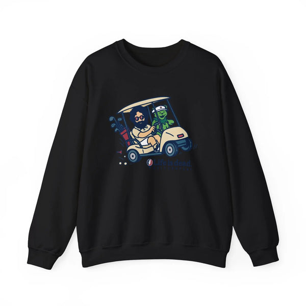 Black crewneck sweatshirt flat lay with cartoon car-and-characters graphic