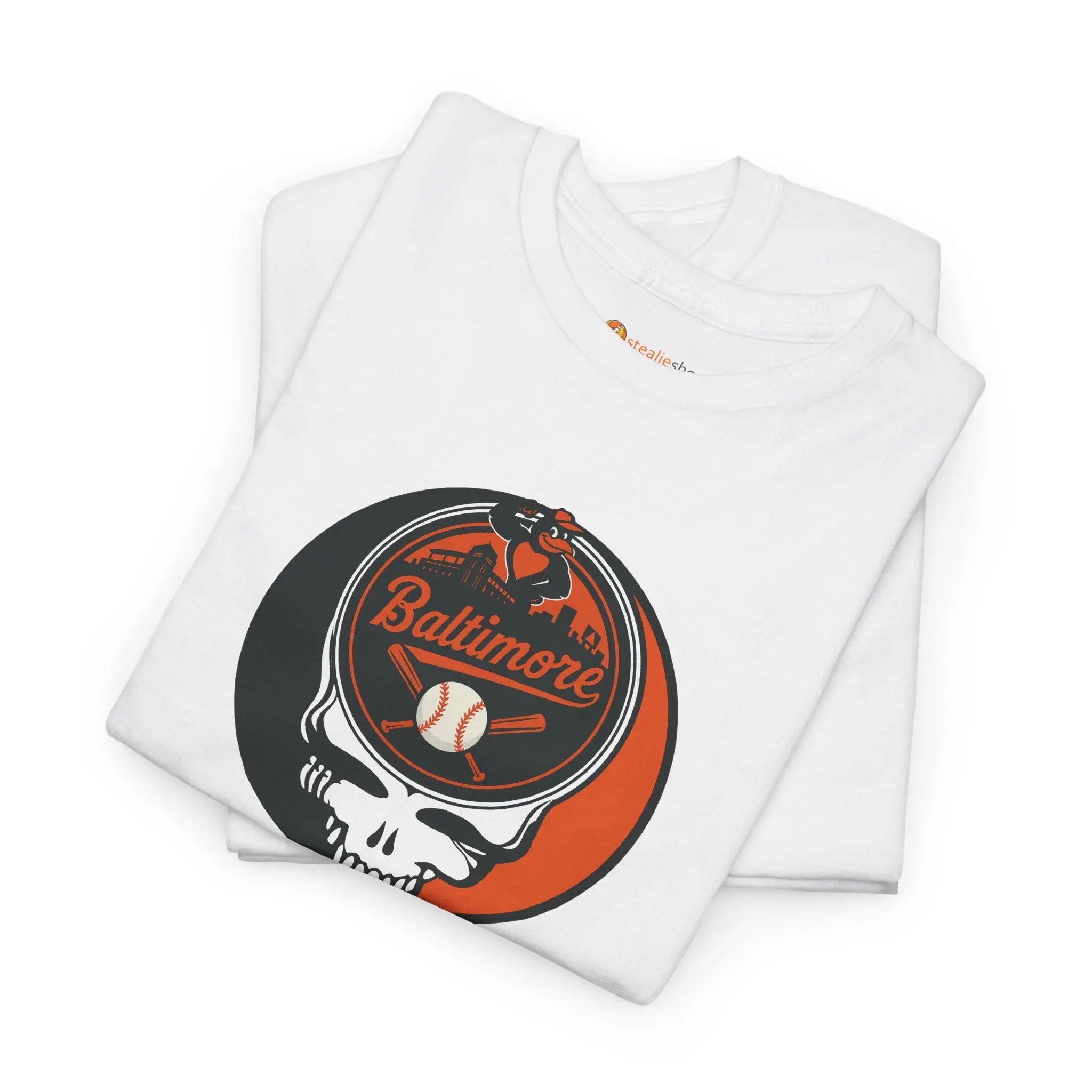 White graphic T-shirt, stacked pair, with Baltimore skull and baseball emblem