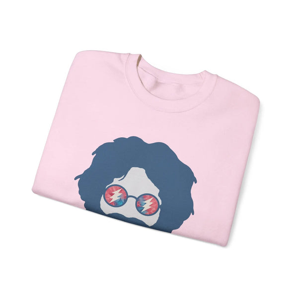 Light pink folded crewneck sweatshirt with blue face graphic and sunglasses print