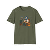 Military green crew-neck graphic T-shirt with front cartoon character print
