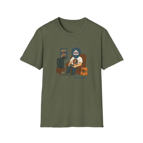 Military green crew-neck graphic T-shirt with front cartoon character print
