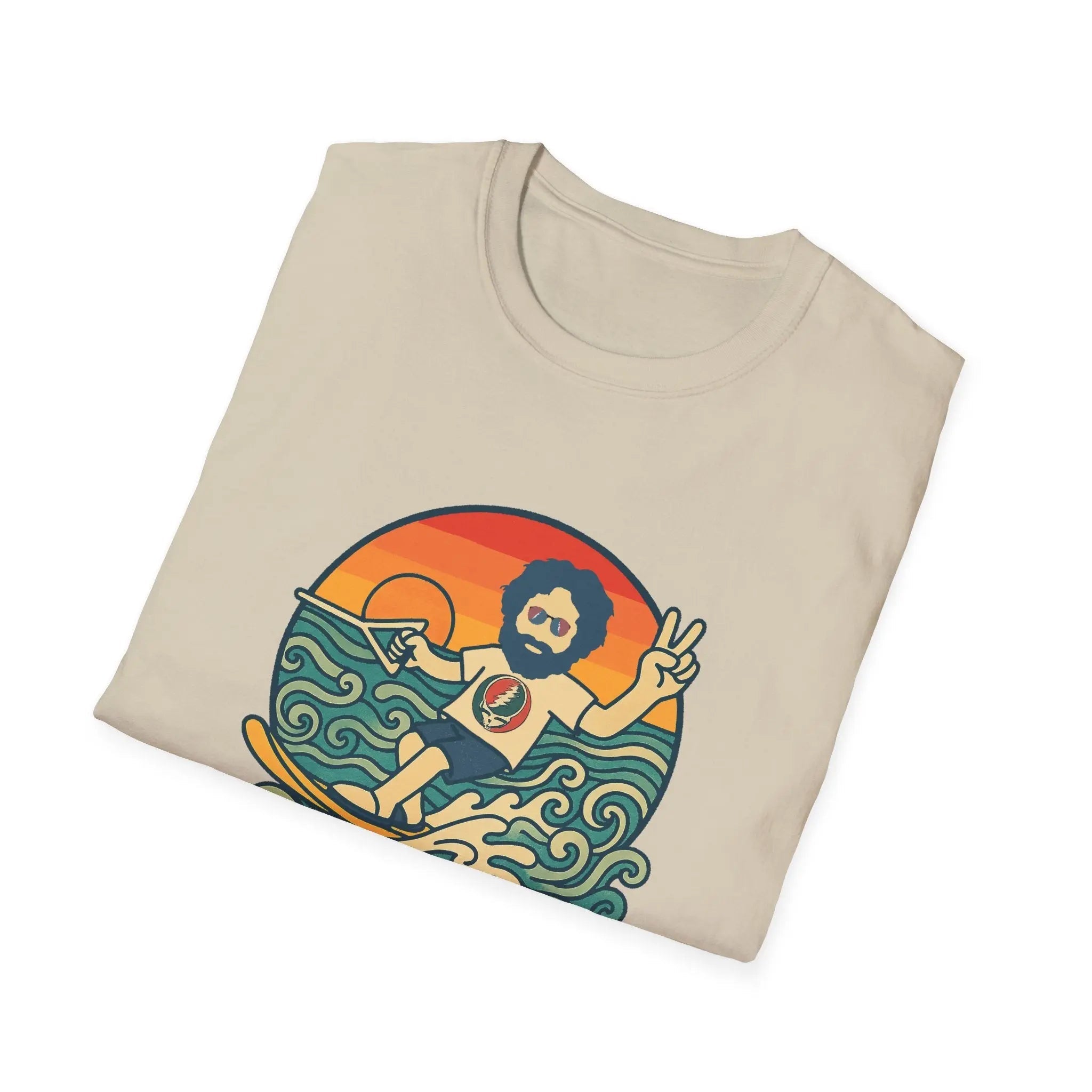 Beige T-shirt with front graphic of a bearded man in a circular orange scene