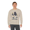 Sand crewneck sweatshirt with front cartoon character graphic and slogan
