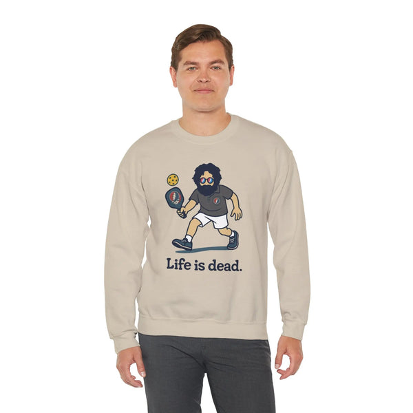 Sand crewneck sweatshirt with front cartoon character graphic and slogan