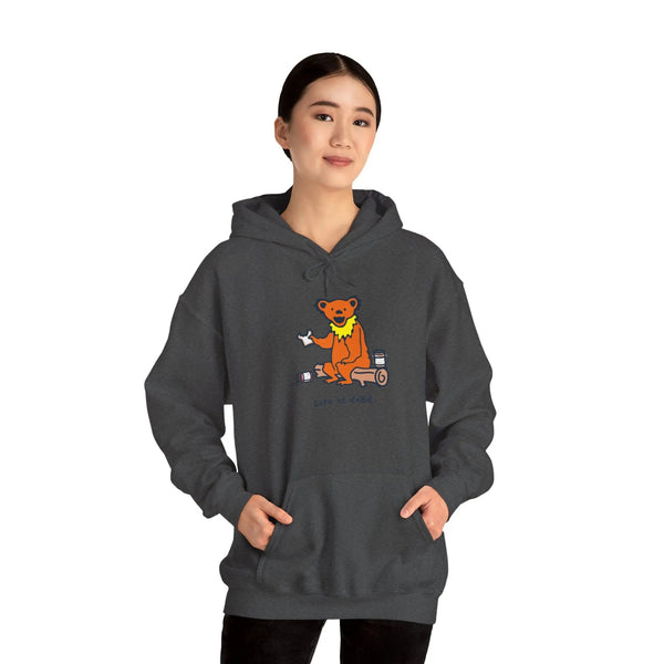 Dark gray bear graphic pullover hoodie with front pocket and drawstring hood