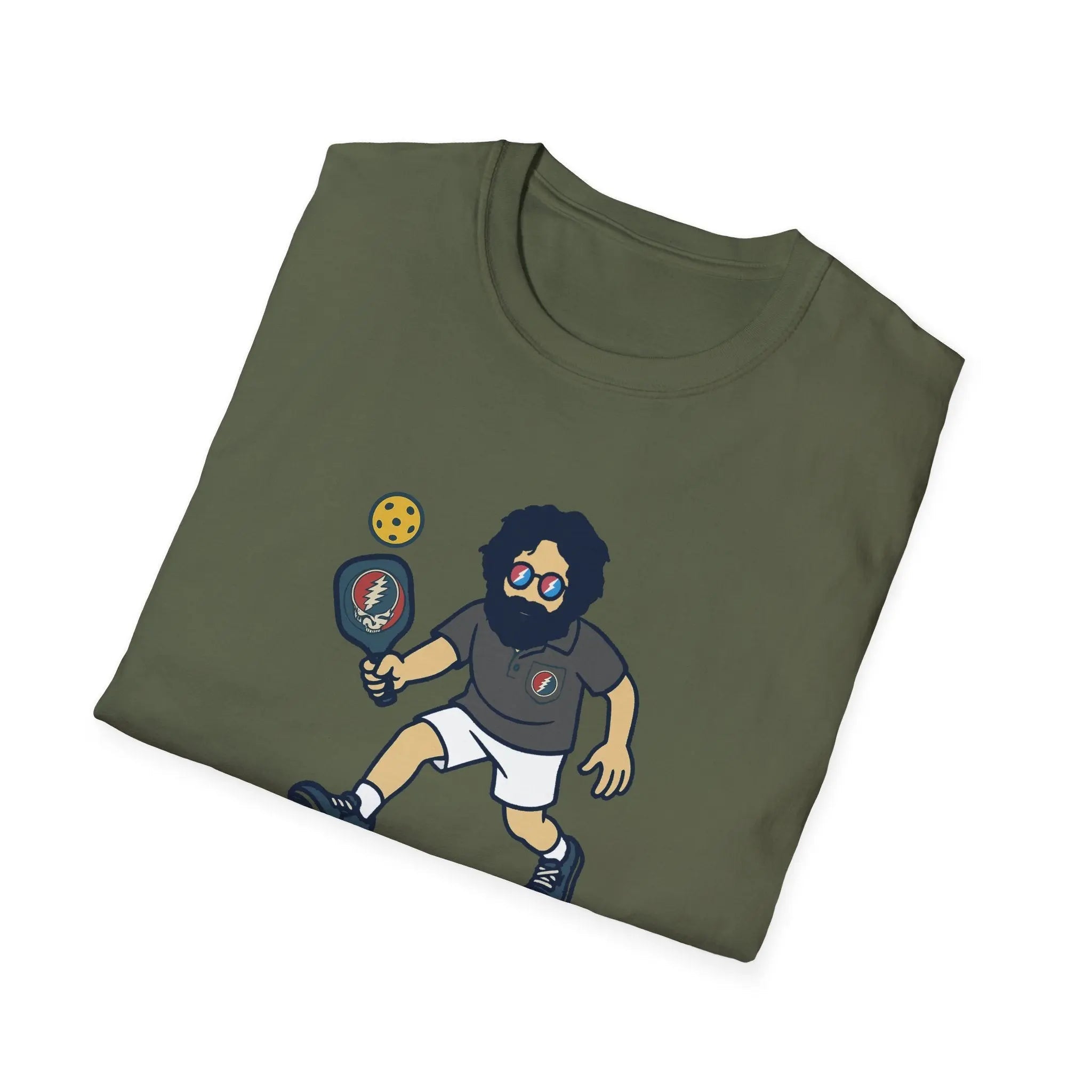 Military green graphic t-shirt with cartoon bearded character holding a bat-style prop