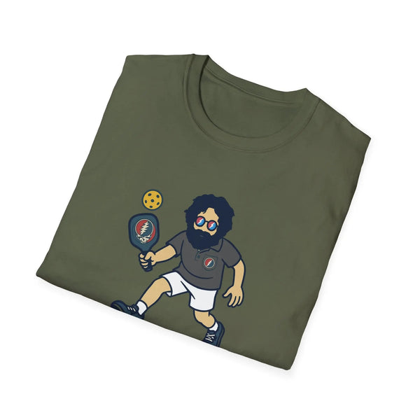 Military green graphic t-shirt with cartoon bearded character holding a bat-style prop