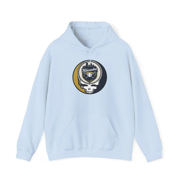Light blue hoodie with Milwaukee Brewers Stealie logo and front kangaroo pocket