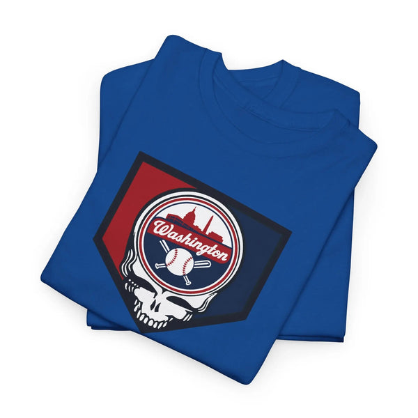 Blue T-shirt with Washington team logo and skull front graphic