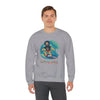 Sport grey crewneck sweatshirt with surfing character graphic and Life is dead. text