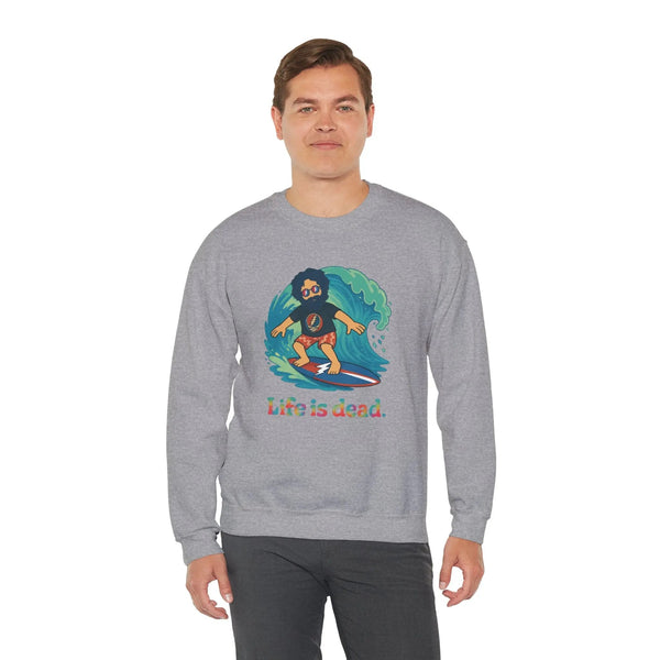 Sport grey crewneck sweatshirt with surfing character graphic and Life is dead. text