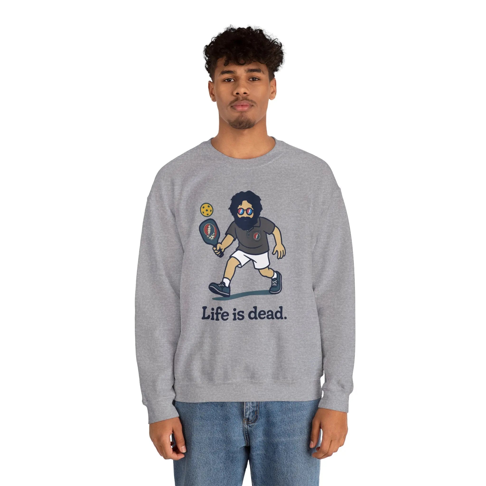 Heather gray crewneck sweatshirt with cartoon graphic and text 