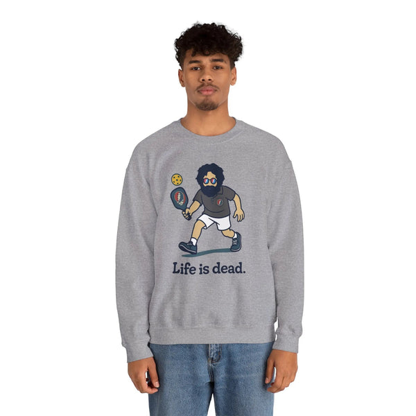 Heather gray crewneck sweatshirt with cartoon graphic and text "Life is dead."