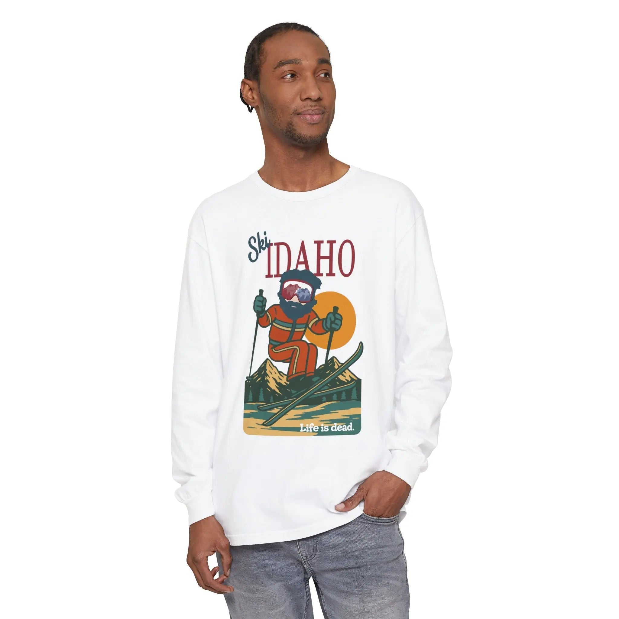 Men's long-sleeve graphic T-shirt in white with Idaho-style mountain print
