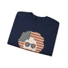 Navy crewneck sweatshirt with American flag face graphic and sunglasses, folded