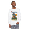 Men's white long-sleeve crewneck T-shirt with ski graphic print on chest