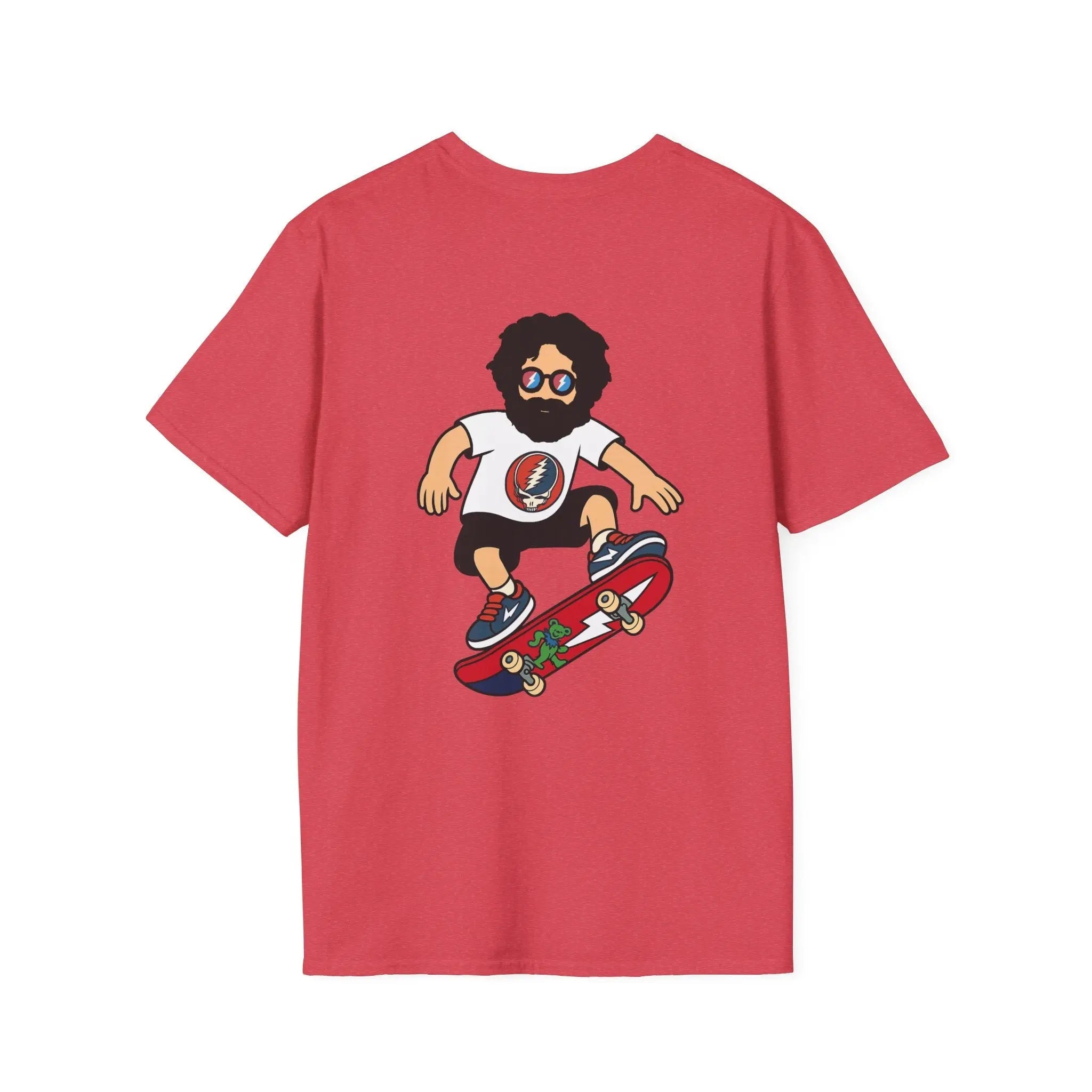 Two-sided print T-shirt in red with skateboard character graphic on front