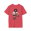 Two-sided print T-shirt in red with skateboard character graphic on front