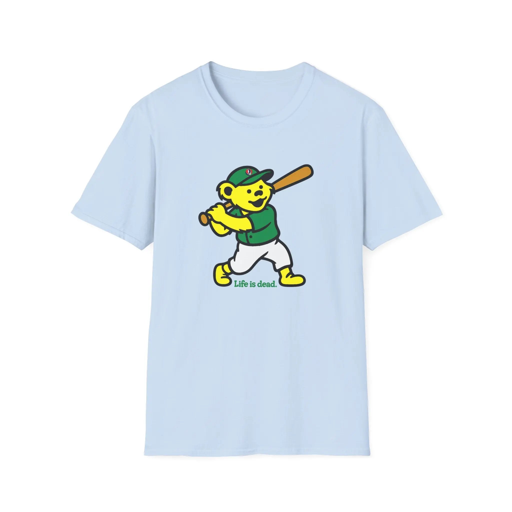 Light blue T-shirt with dancing bear graphic and text 